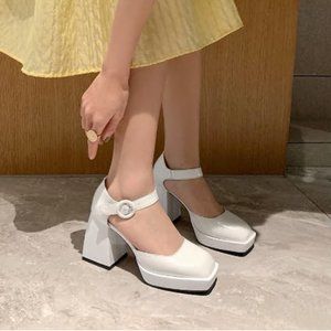 Genuine leather women's shoes Square high heels wo